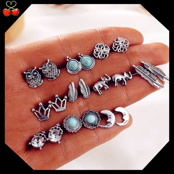 🍒BOHO Set of 10 🌙🦉🐘 Stud Earrings - Picture 1 of 3